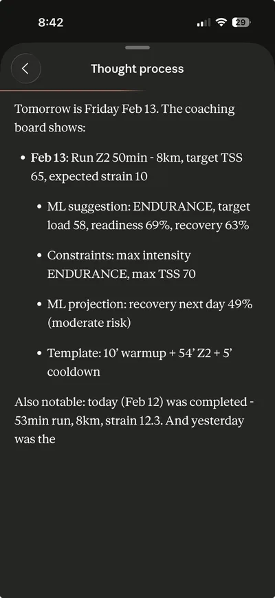 Processus de réflexion de Claude : analyse du coaching board, TSS cible, projection ML, template d'entraînement
