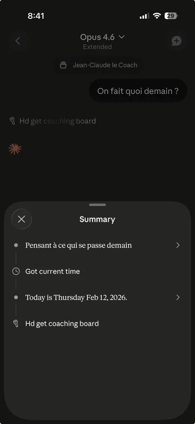 Claude appelle les outils MCP : hd_get_coaching_board, récupération des données en temps réel