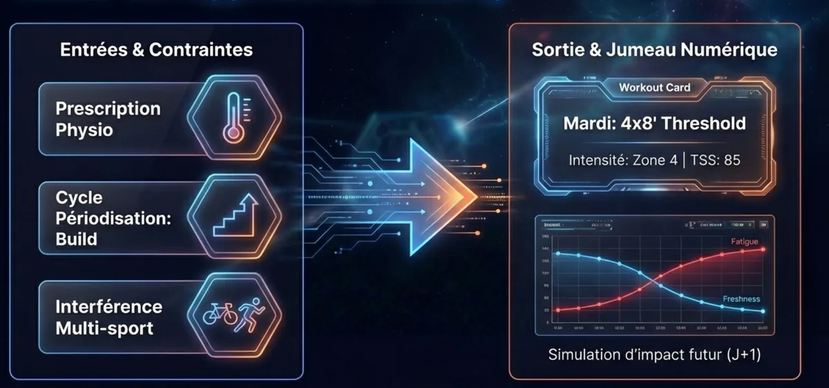 Entrées et contraintes du coaching vers sortie workout, puis simulation récursive du Digital Twin