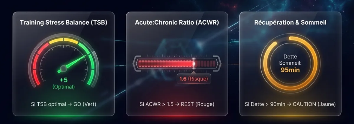 Garde-fous de sécurité : Training Stress Balance, Acute:Chronic Workload Ratio, Récupération et dette de sommeil