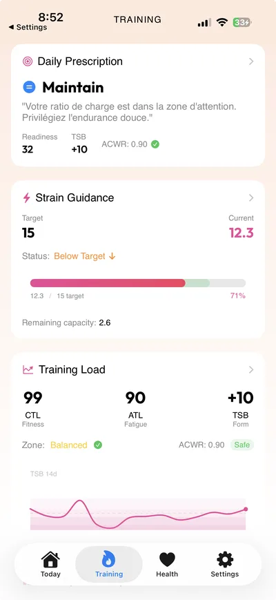 App iOS, onglet Training : prescription quotidienne Maintain, Strain Guidance, Training Load CTL 99 / ATL 90 / TSB +10